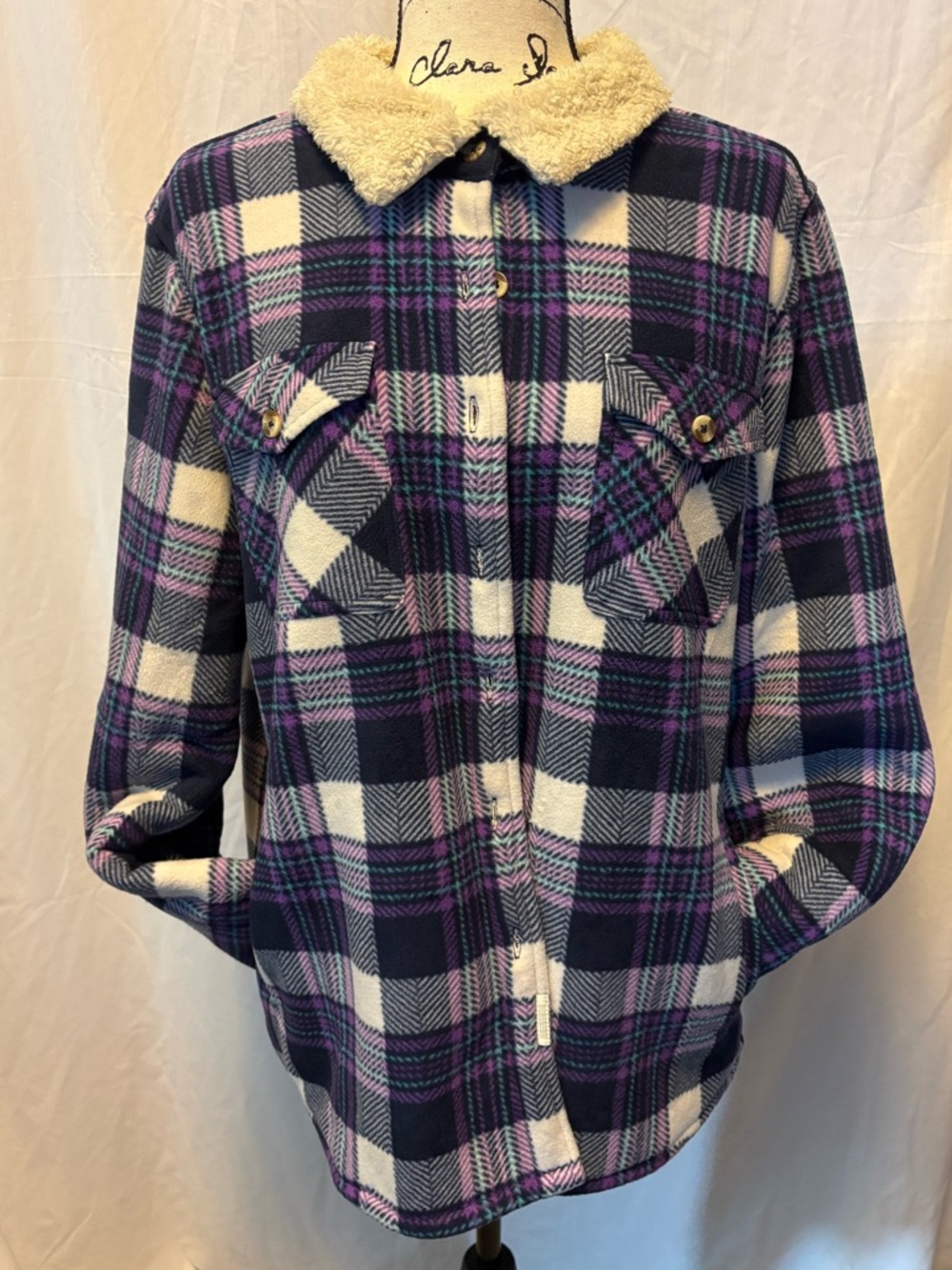 Soho Purple Black White Plaid Sherpa Collar Button-Down